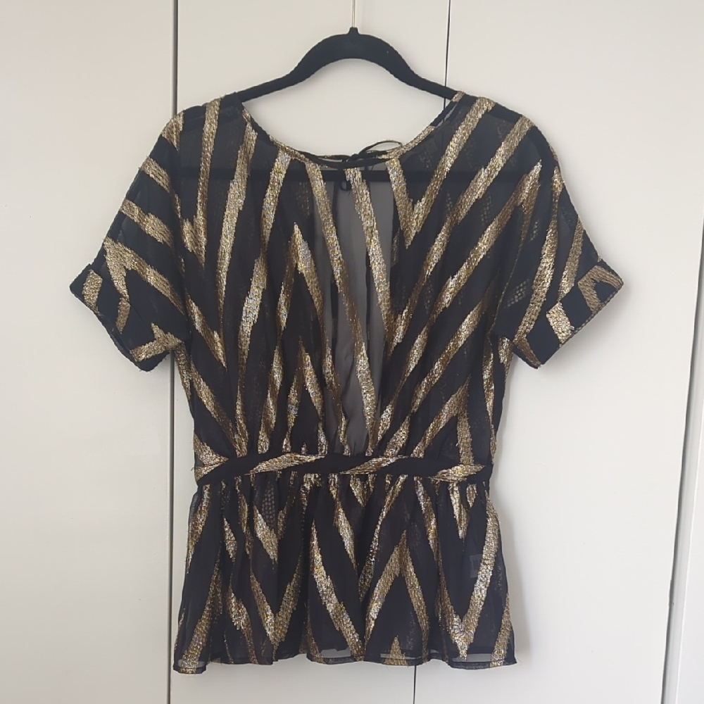 Black and Gold Graphic Peplum Blouse